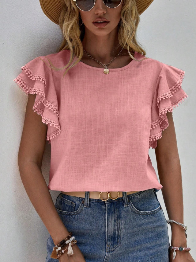 Ruffled Cap Sleeve Round Neck Blouse.