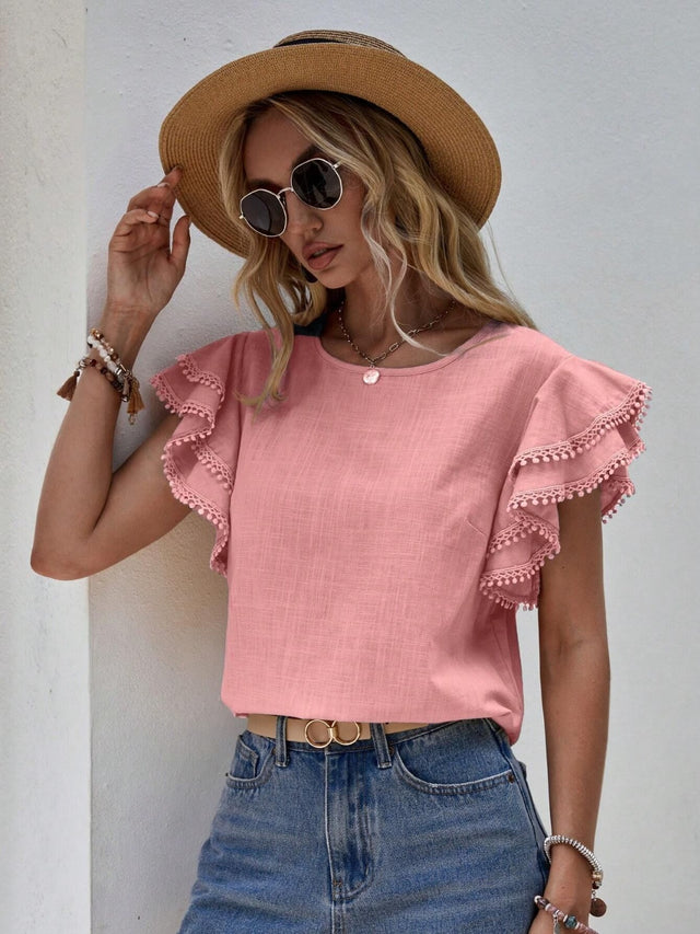 Ruffled Cap Sleeve Round Neck Blouse.