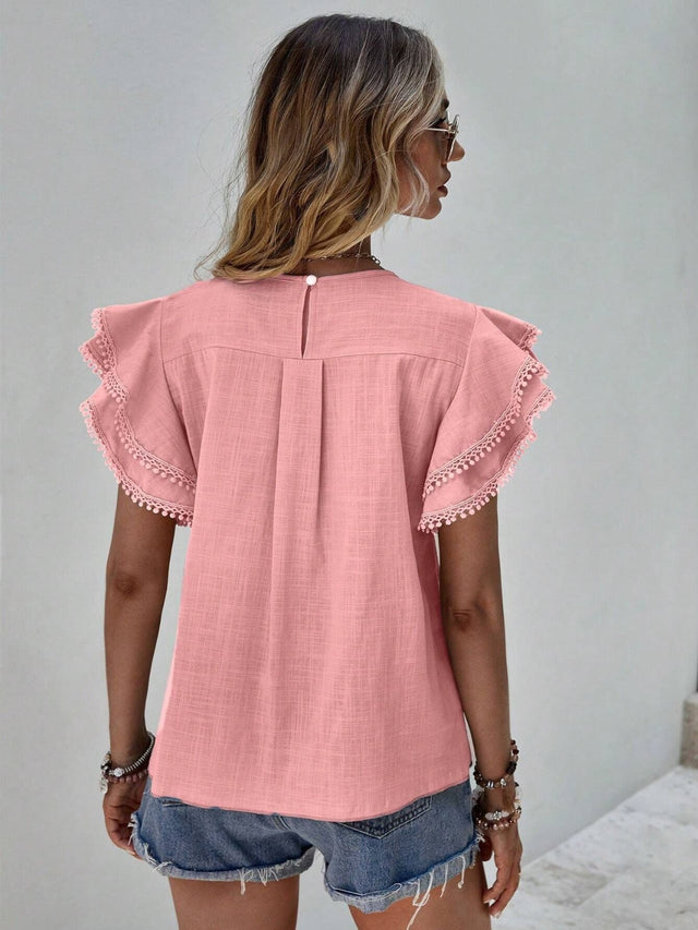 Ruffled Cap Sleeve Round Neck Blouse.