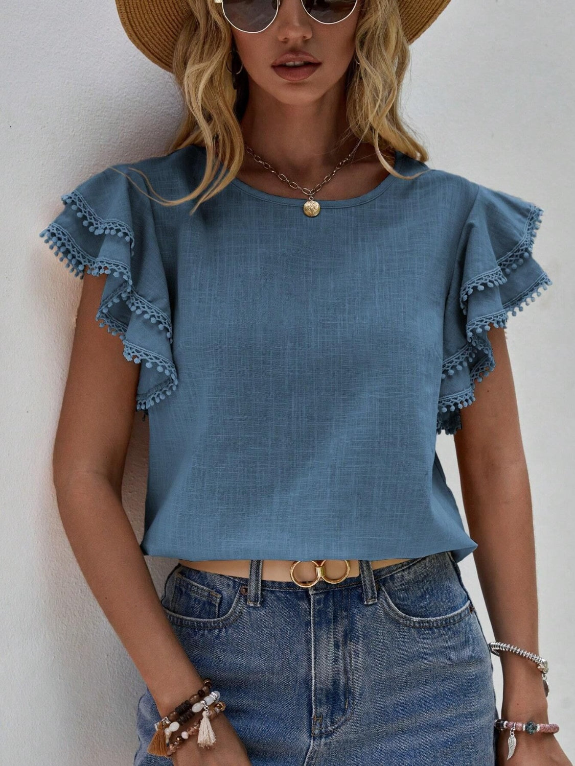 Ruffled Cap Sleeve Round Neck Blouse.