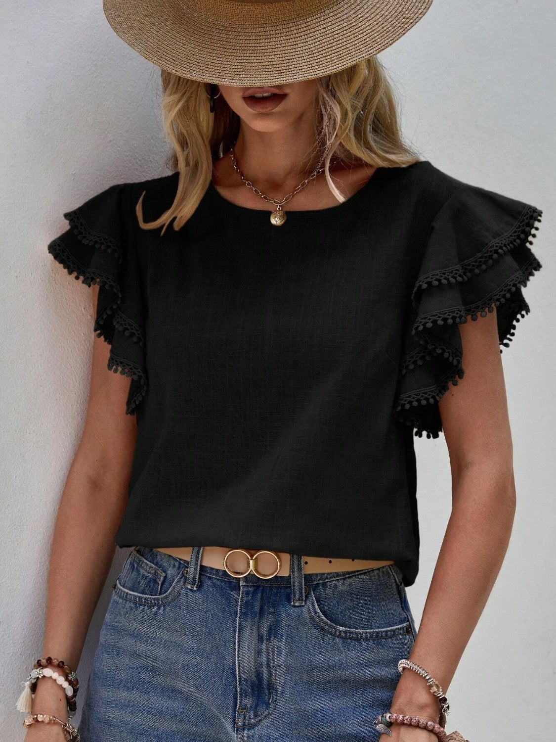 Ruffled Cap Sleeve Round Neck Blouse.