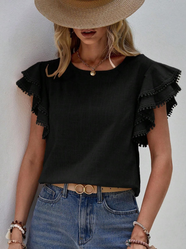 Ruffled Cap Sleeve Round Neck Blouse.