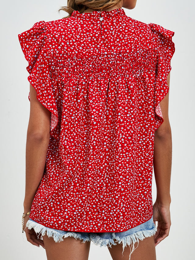 Ruffled Ditsy Floral Mock Neck Cap Sleeve Blouse.