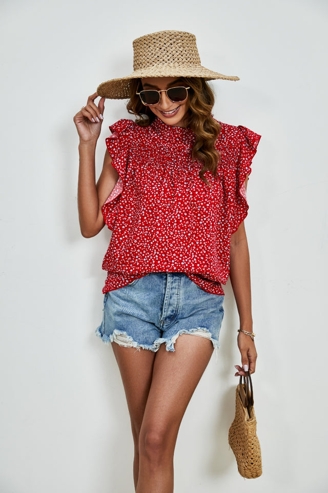 Ruffled Ditsy Floral Mock Neck Cap Sleeve Blouse.