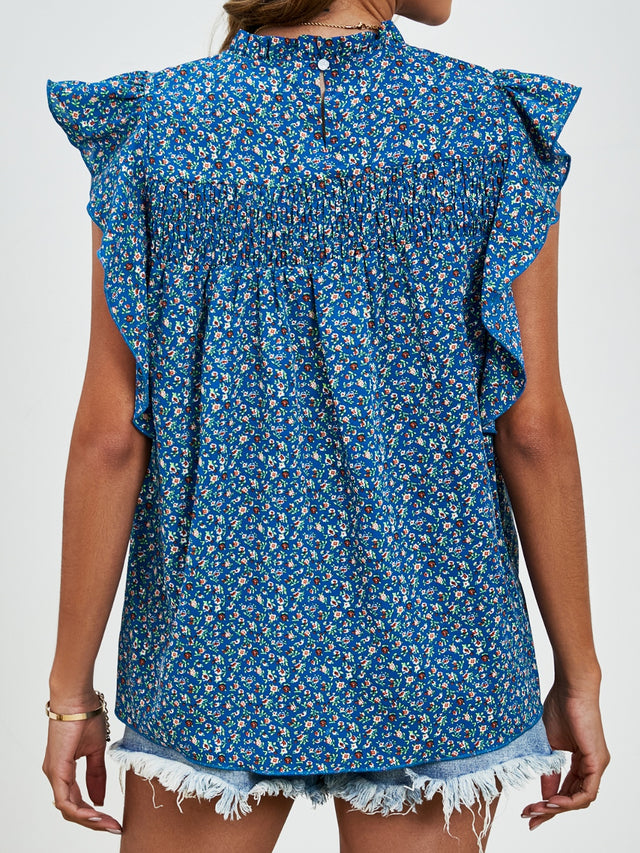 Ruffled Ditsy Floral Mock Neck Cap Sleeve Blouse.