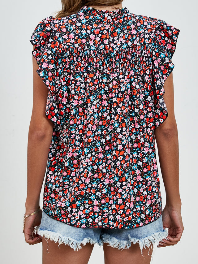 Ruffled Ditsy Floral Mock Neck Cap Sleeve Blouse.