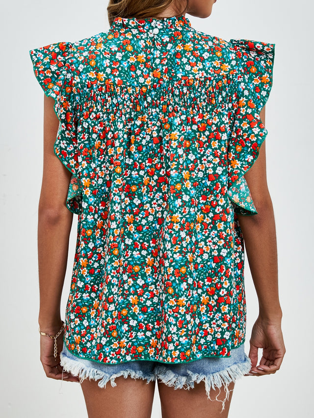 Ruffled Ditsy Floral Mock Neck Cap Sleeve Blouse.