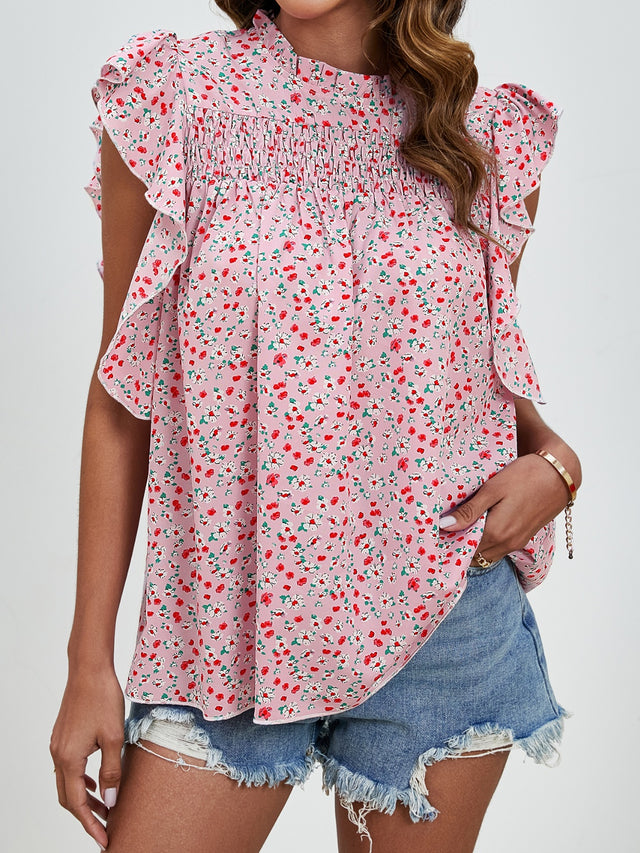 Ruffled Ditsy Floral Mock Neck Cap Sleeve Blouse.