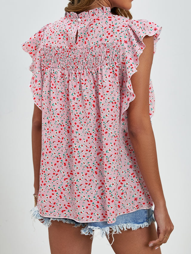 Ruffled Ditsy Floral Mock Neck Cap Sleeve Blouse.