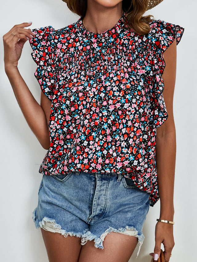 Ruffled Ditsy Floral Mock Neck Cap Sleeve Blouse.