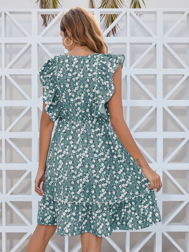 Ruffled Ditsy Floral Surplice Mini Dress.