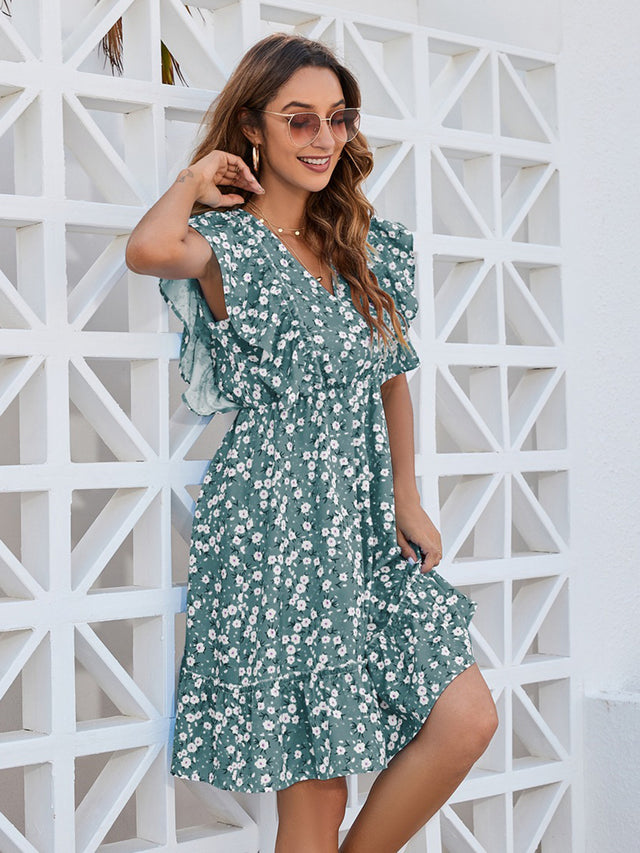 Ruffled Ditsy Floral Surplice Mini Dress.
