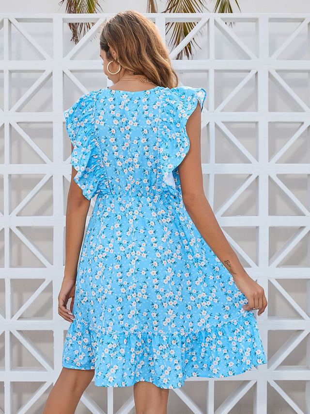 Ruffled Ditsy Floral Surplice Mini Dress.