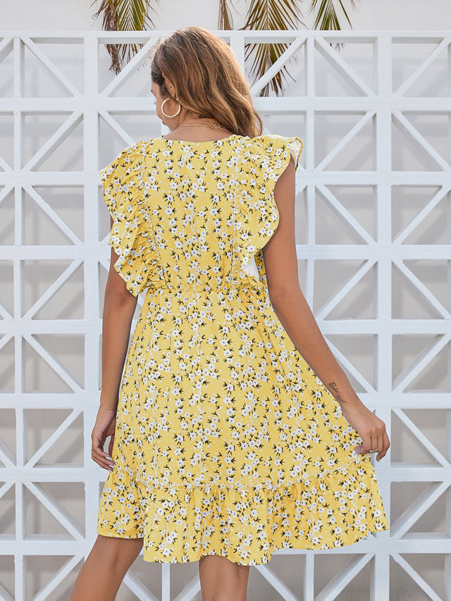 Ruffled Ditsy Floral Surplice Mini Dress.