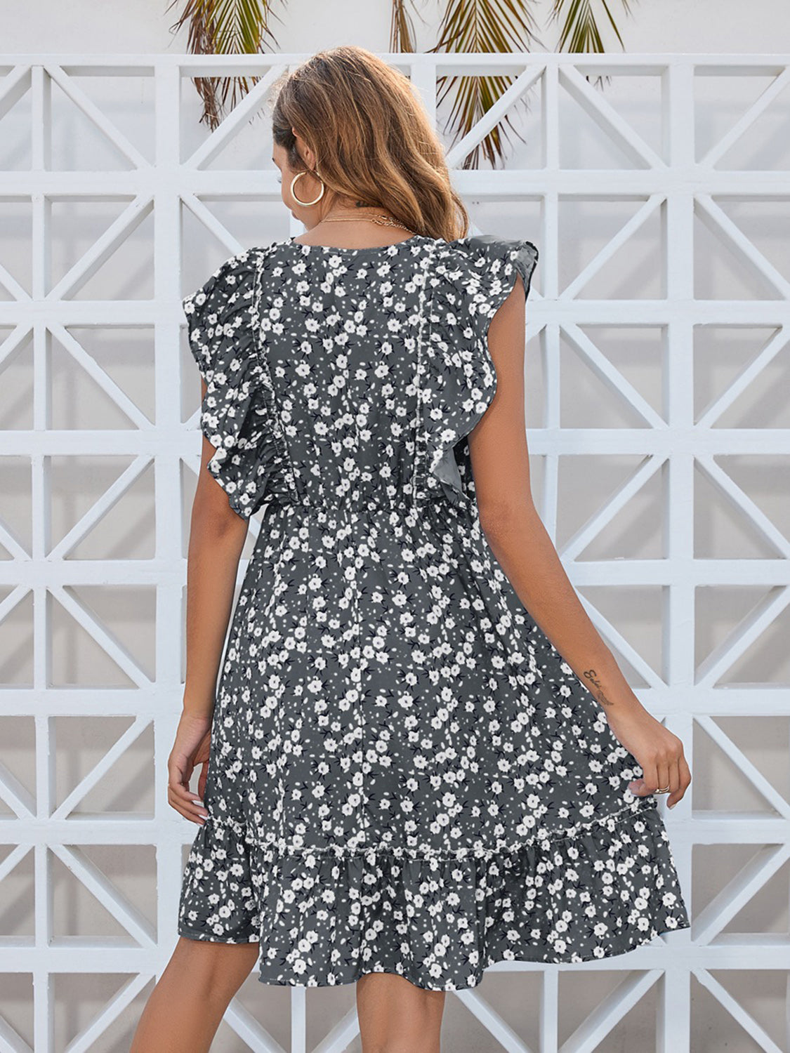 Ruffled Ditsy Floral Surplice Mini Dress.