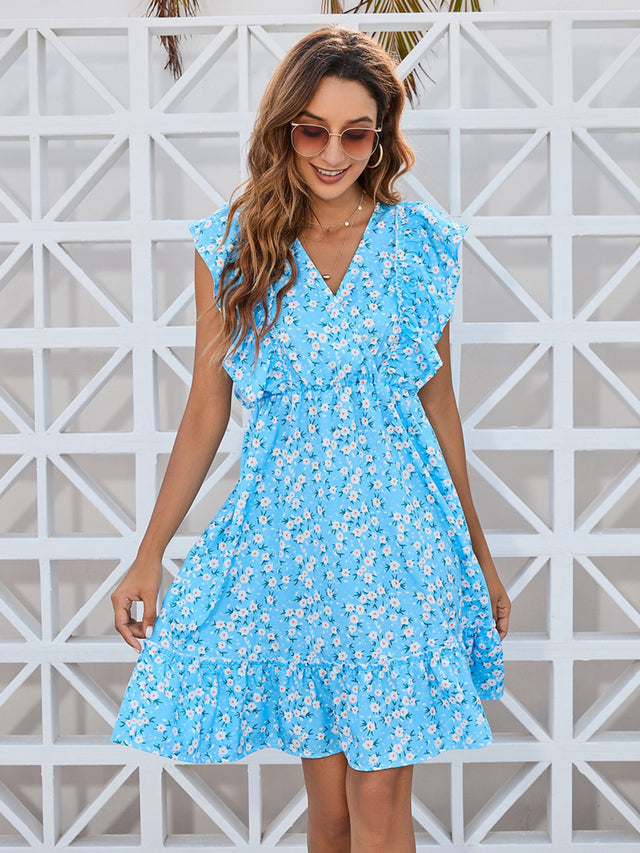 Ruffled Ditsy Floral Surplice Mini Dress.