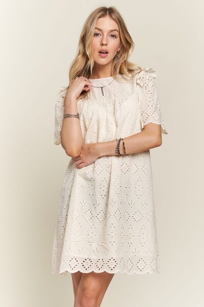 Adora Ruffled Eyelet Round Neck Dress.