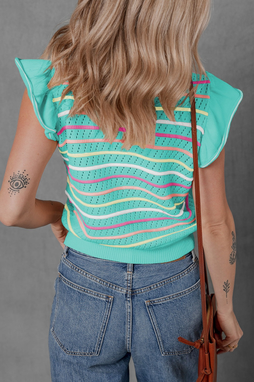 Ruffled Eyelet Striped Round Neck Cap Sleeve Knit Top.