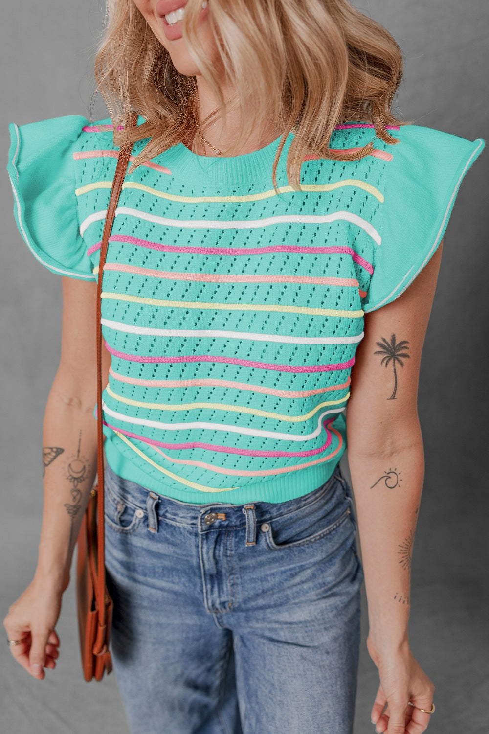 Ruffled Eyelet Striped Round Neck Cap Sleeve Knit Top.