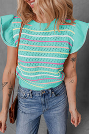 Ruffled Eyelet Striped Round Neck Cap Sleeve Knit Top.