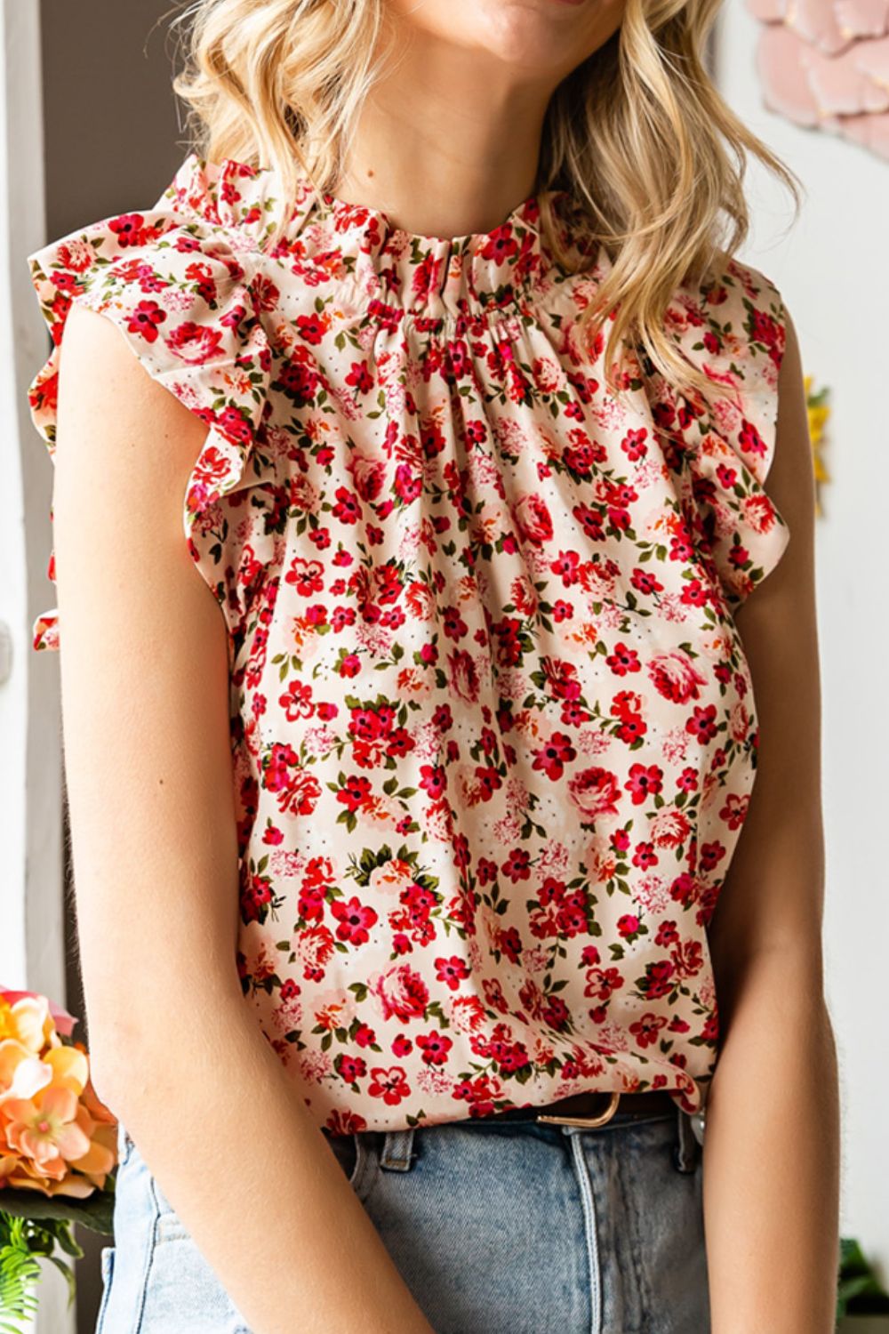 Ruffled Floral Round Neck Cap Sleeve Blouse.