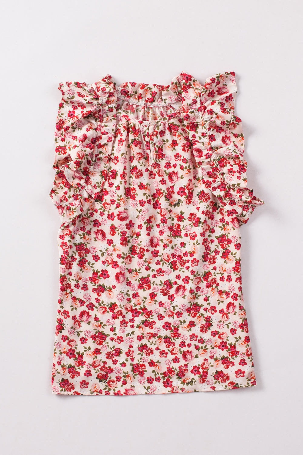 Ruffled Floral Round Neck Cap Sleeve Blouse.