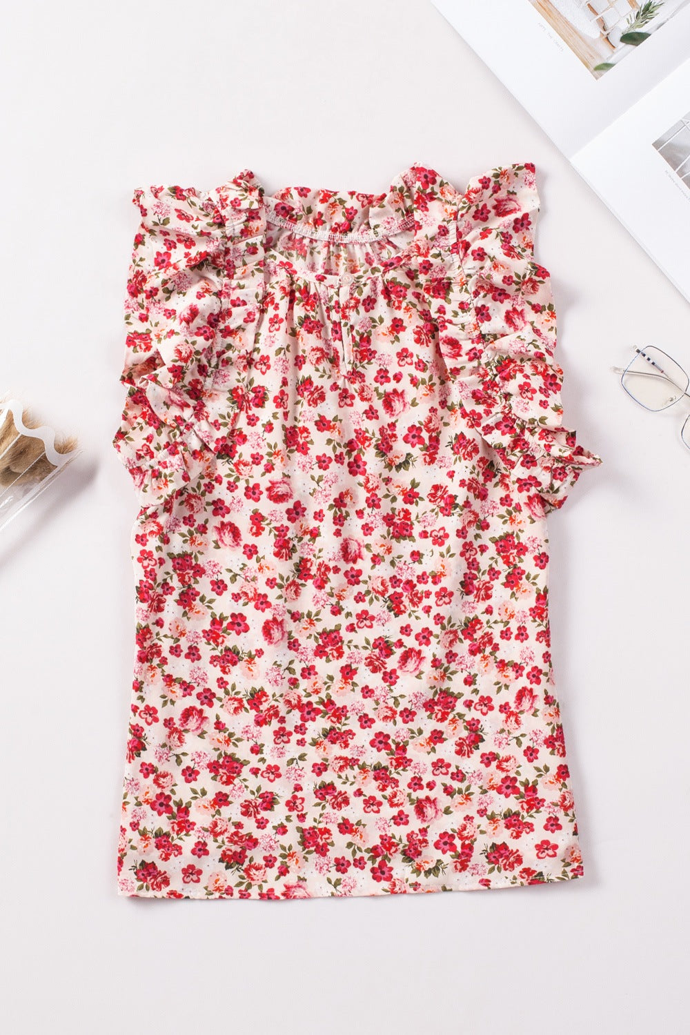Ruffled Floral Round Neck Cap Sleeve Blouse.