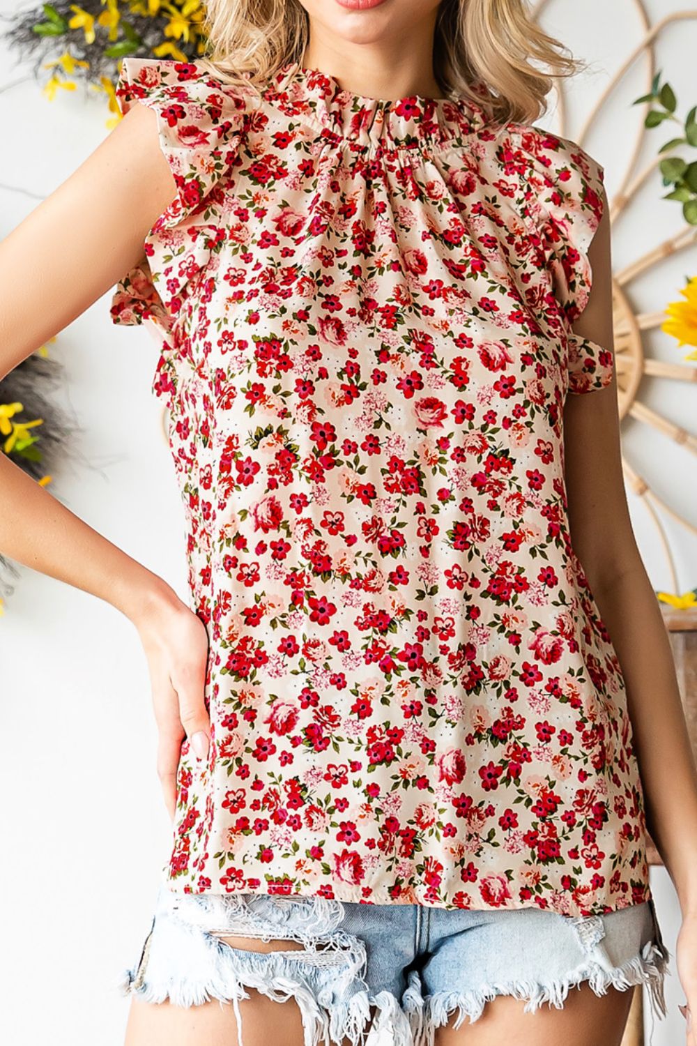 Ruffled Floral Round Neck Cap Sleeve Blouse.