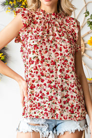 Ruffled Floral Round Neck Cap Sleeve Blouse.