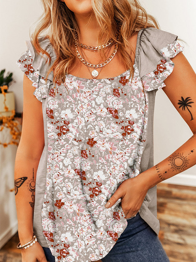 Ruffled Floral Square Neck Cap Sleeve Blouse.