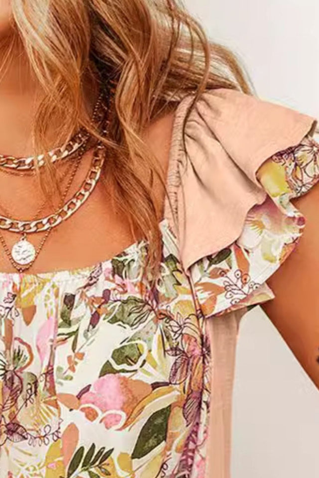 Ruffled Floral Square Neck Cap Sleeve Blouse.