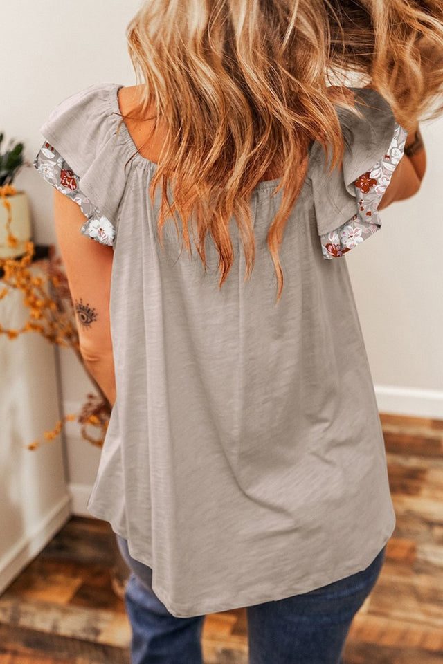 Ruffled Floral Square Neck Cap Sleeve Blouse.