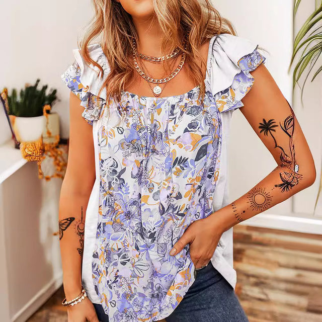 Ruffled Floral Square Neck Cap Sleeve Blouse.