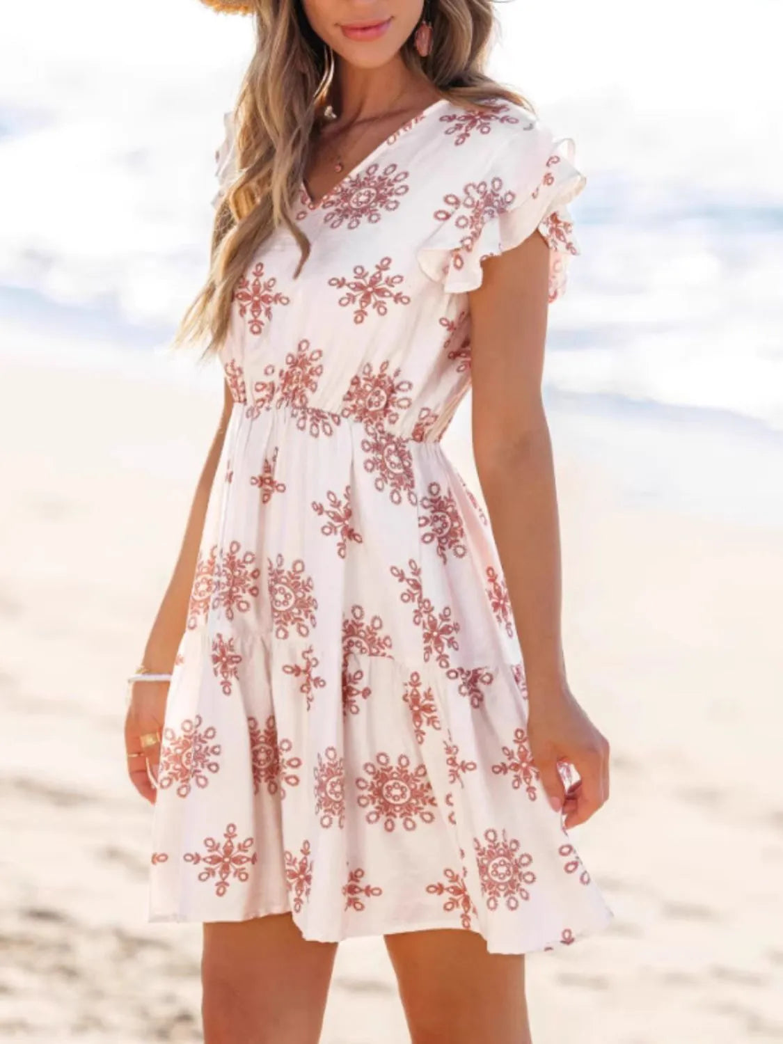 Ruffled Floral V-Neck Cap Sleeve Dress.