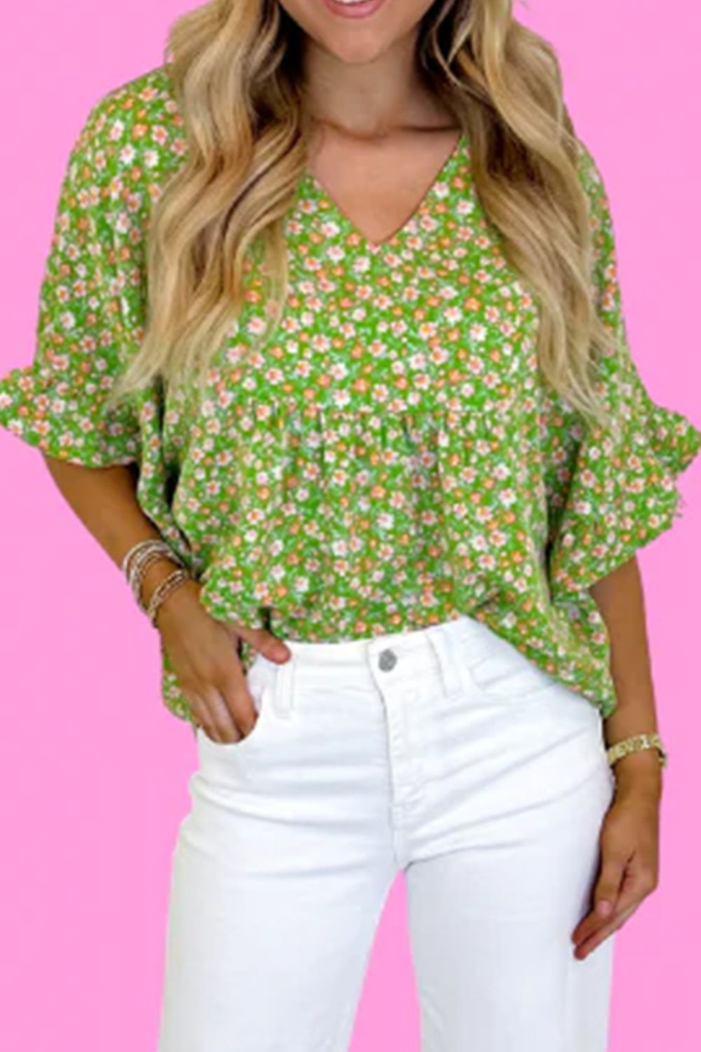 Ruffled Floral V-Neck Half Sleeve Blouse.