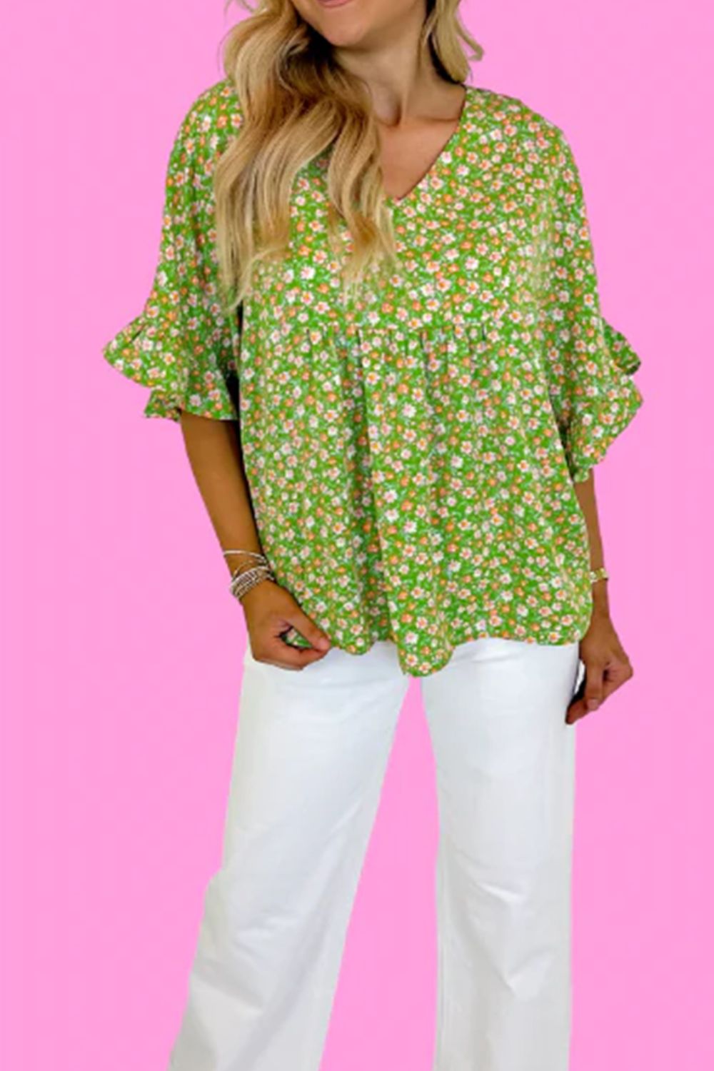 Ruffled Floral V-Neck Half Sleeve Blouse.