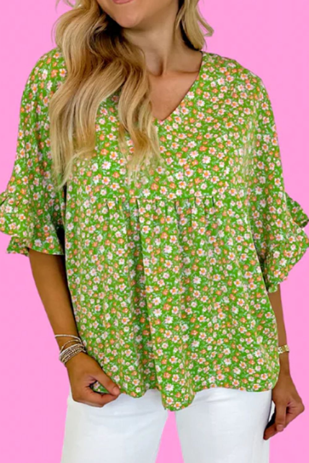 Ruffled Floral V-Neck Half Sleeve Blouse.