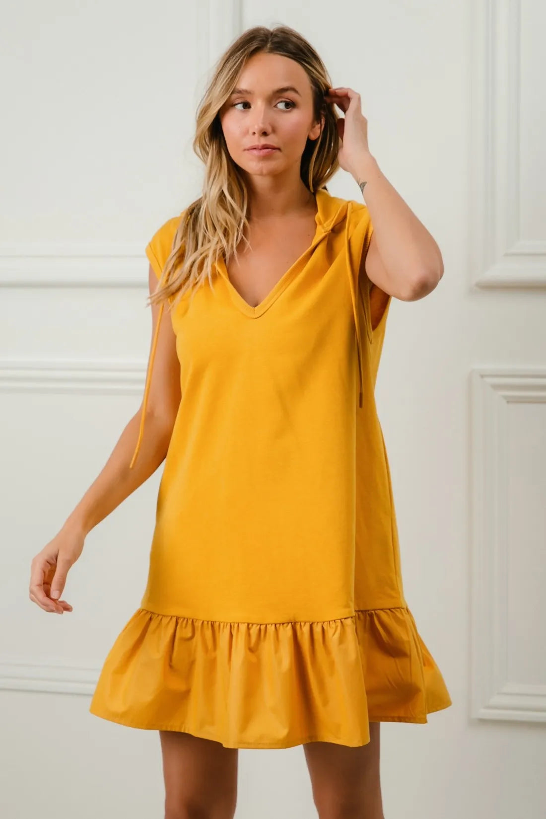 Bibi Ruffled French Terry Hooded Dress.