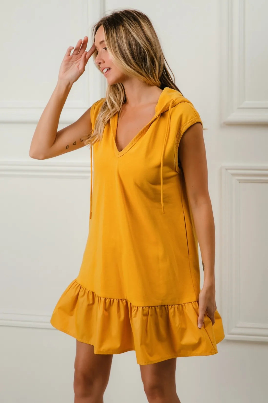 Bibi Ruffled French Terry Hooded Dress.