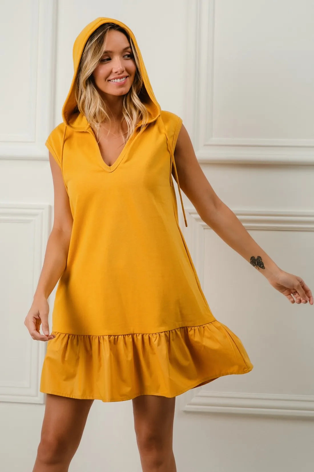 Bibi Ruffled French Terry Hooded Dress.