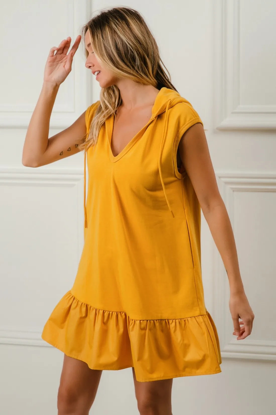 Bibi Ruffled French Terry Hooded Dress.