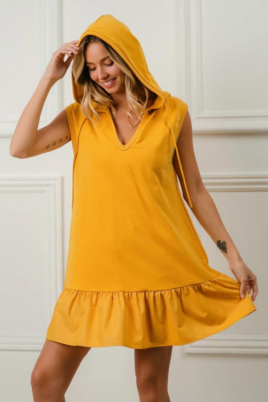 Bibi Ruffled French Terry Hooded Dress.