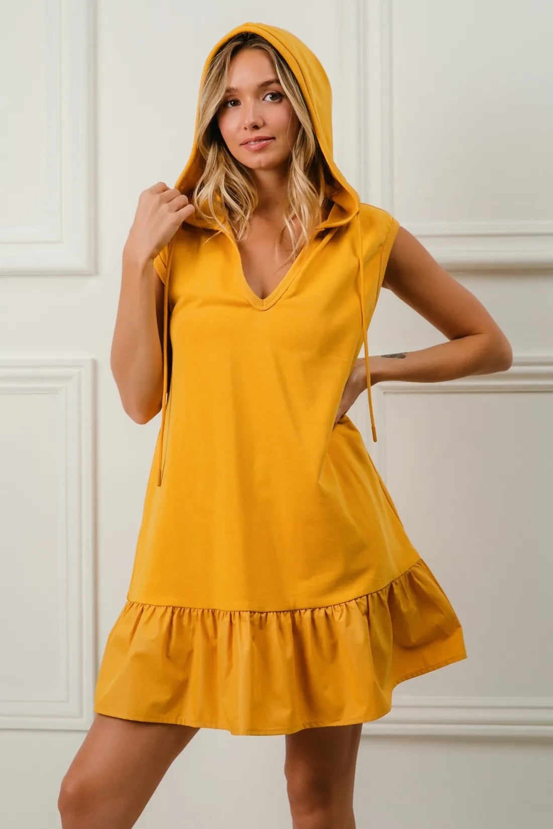 Bibi Ruffled French Terry Hooded Dress.