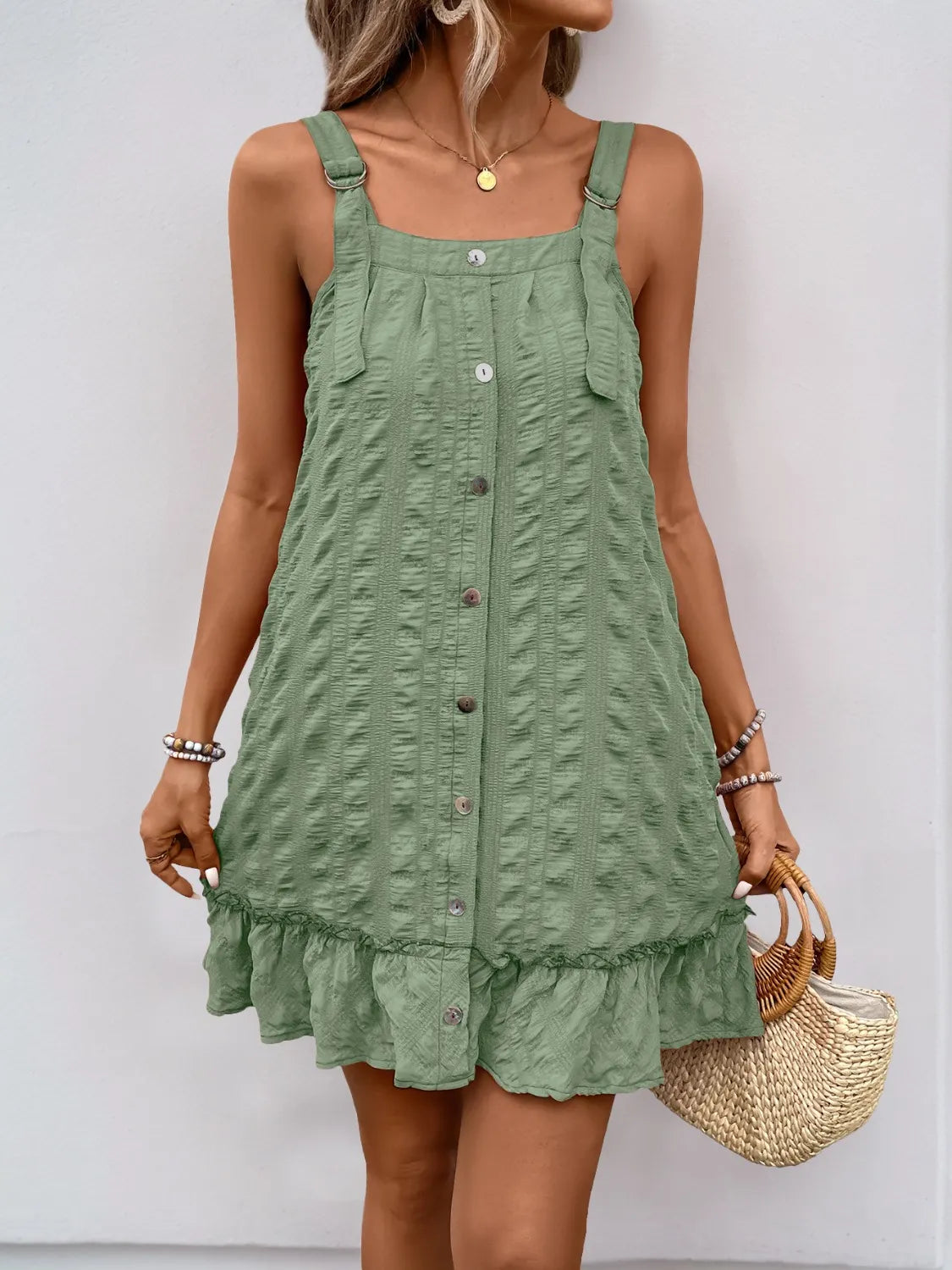 Ruffled Hem Adjustable Strap Square Neck Dress.