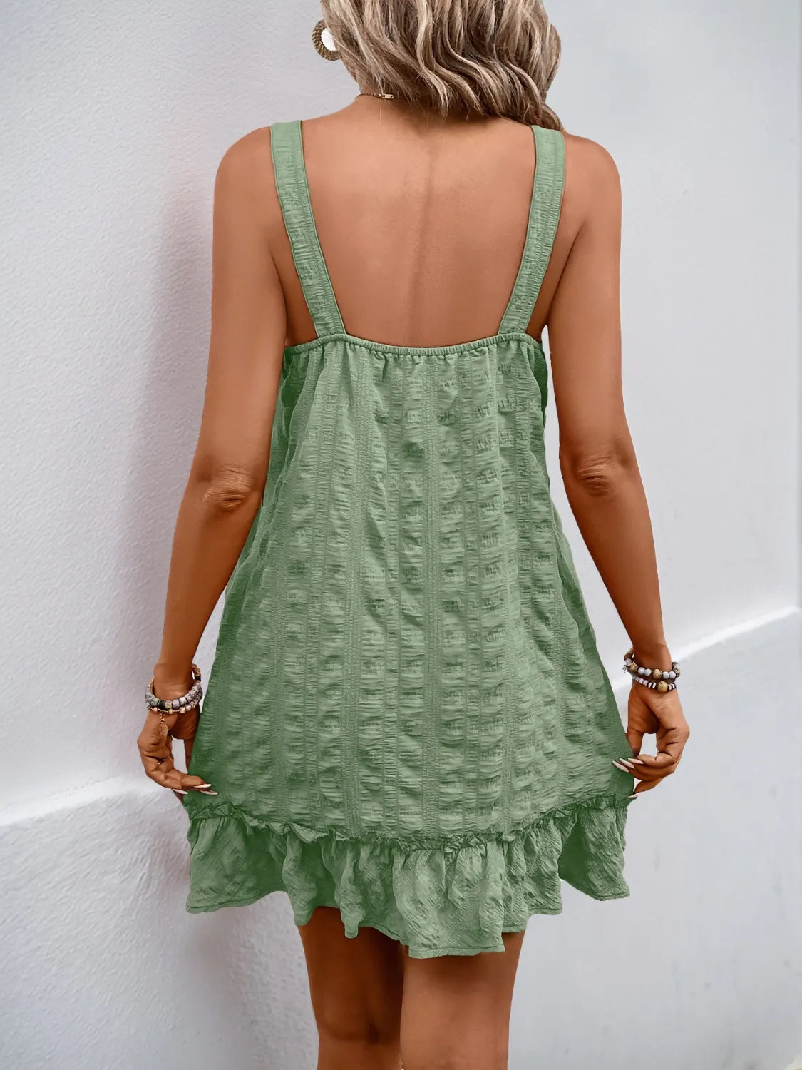 Ruffled Hem Adjustable Strap Square Neck Dress.