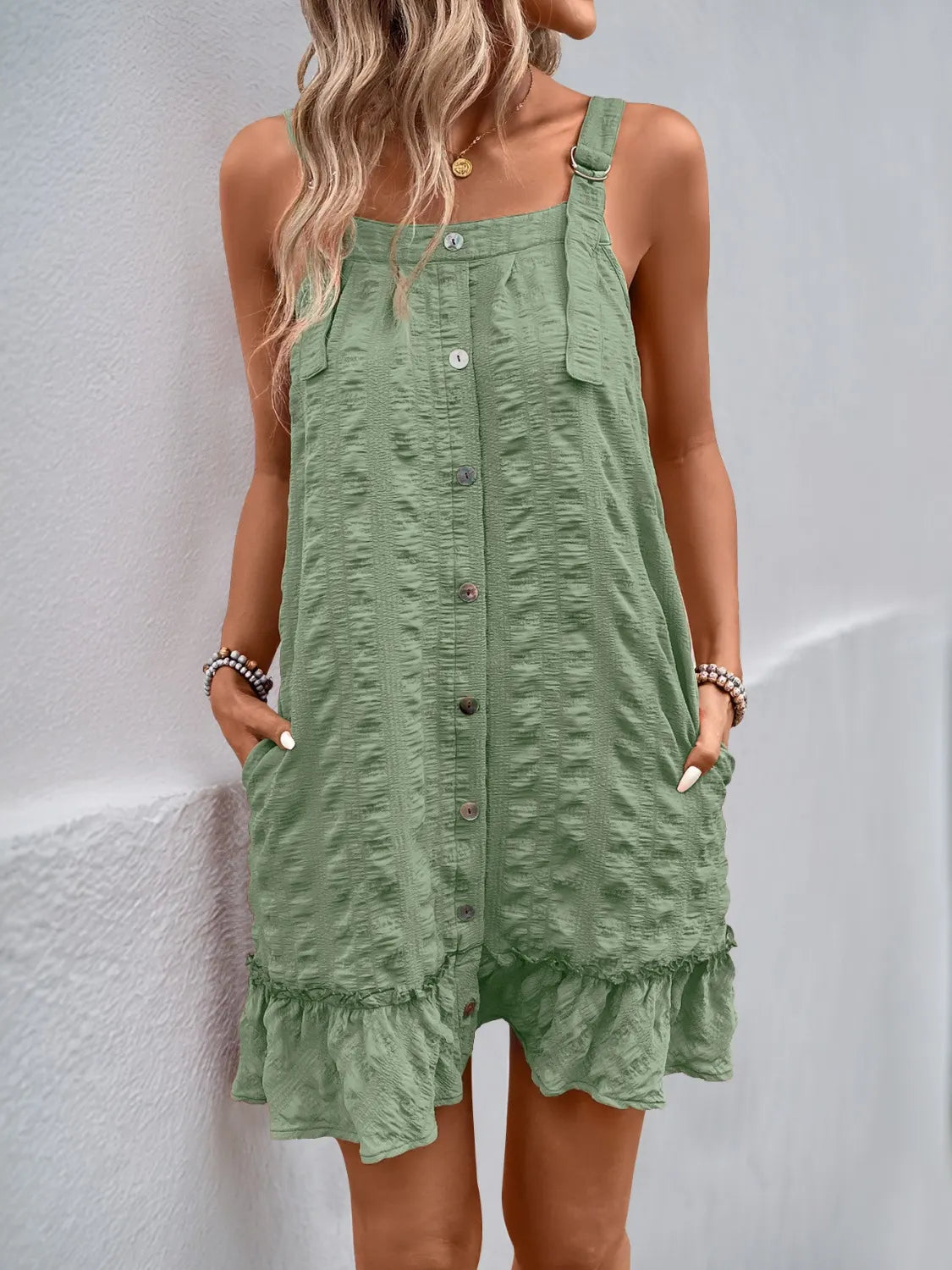 Ruffled Hem Adjustable Strap Square Neck Dress.