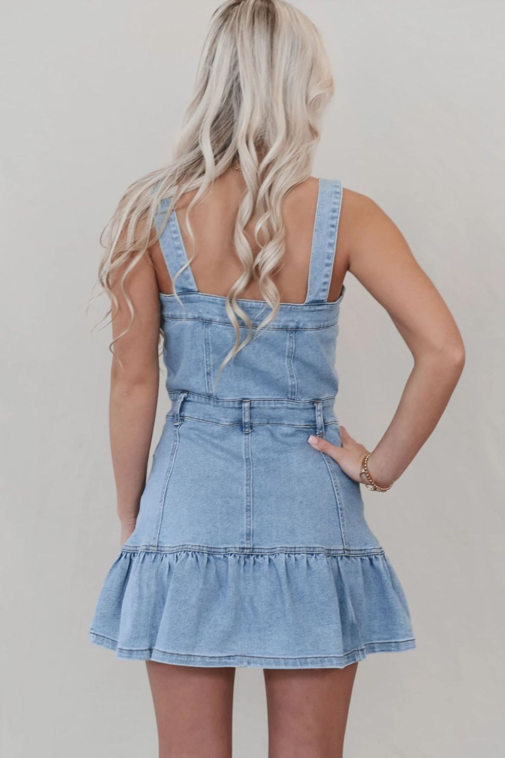 Ruffled Hem Button Front Square Neck Denim Dress.