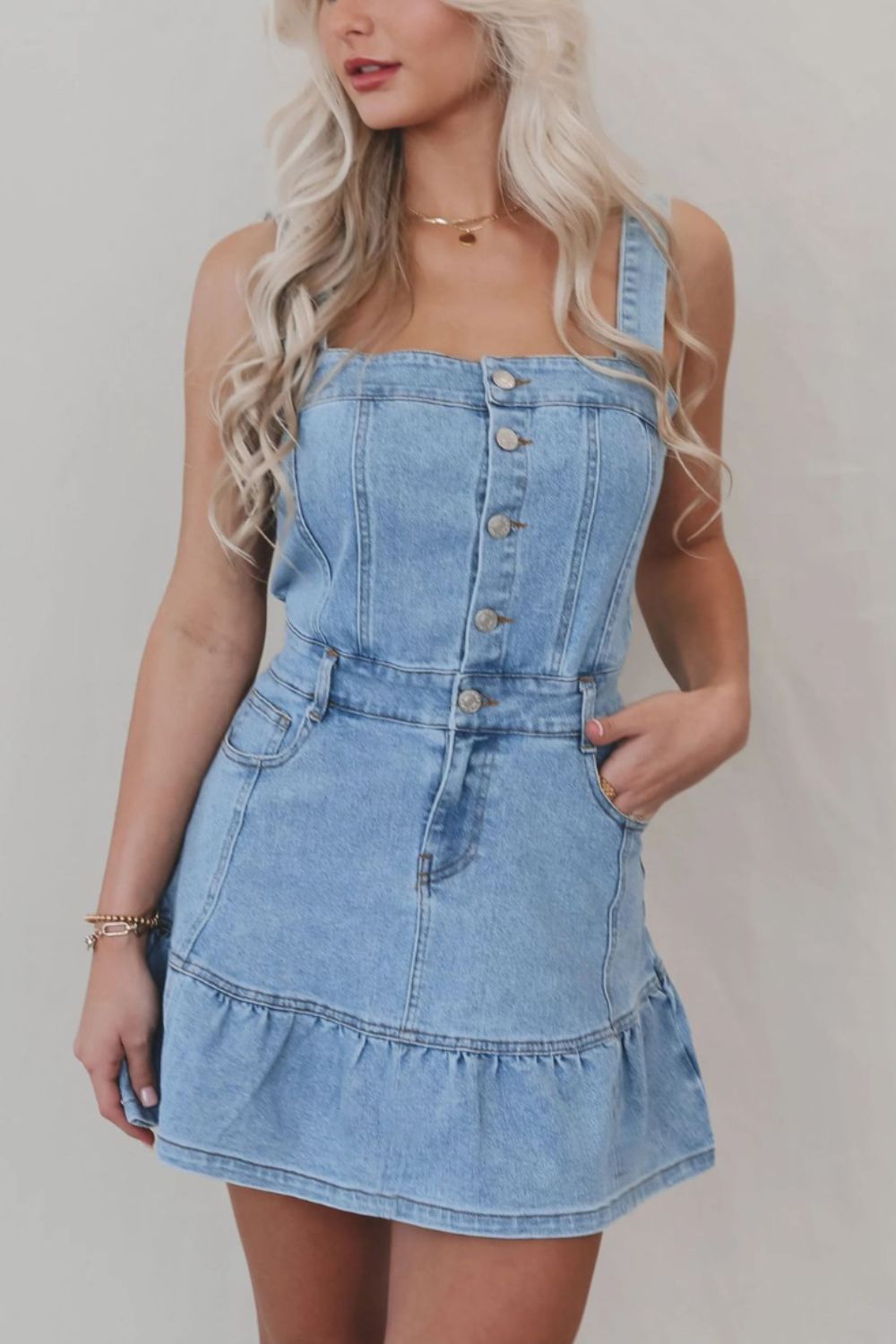 Ruffled Hem Button Front Square Neck Denim Dress.
