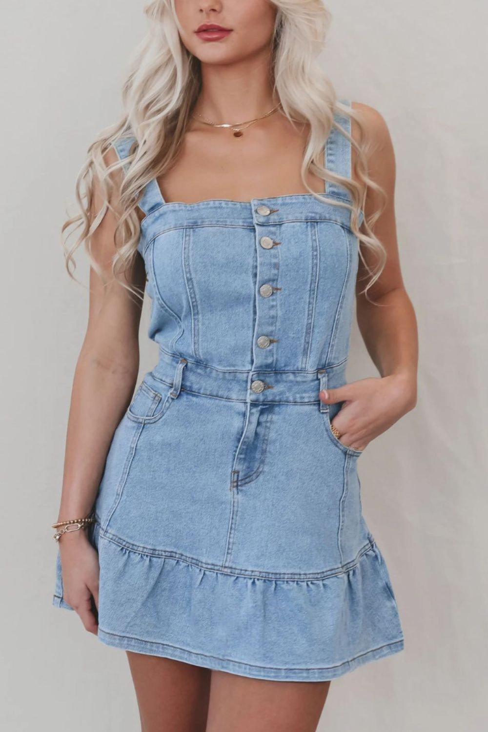 Ruffled Hem Button Front Square Neck Denim Dress.
