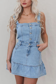 Ruffled Hem Button Front Square Neck Denim Dress.